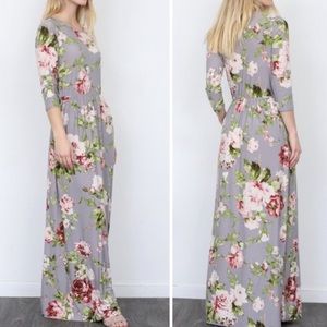 New Egs By Eloges Gray Floral‎ Maxi Dress w/ Elastic Waist & Pocket Size Medium